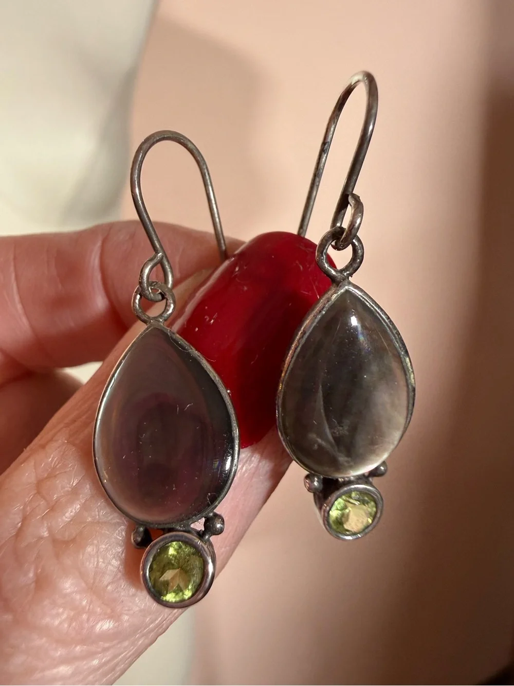 Sterling silver Abalone shell tear drop green Peridot Dangle Minimalist earrings